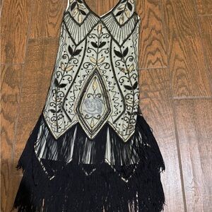 Beaded Black and Cream Fringe Mini Dress